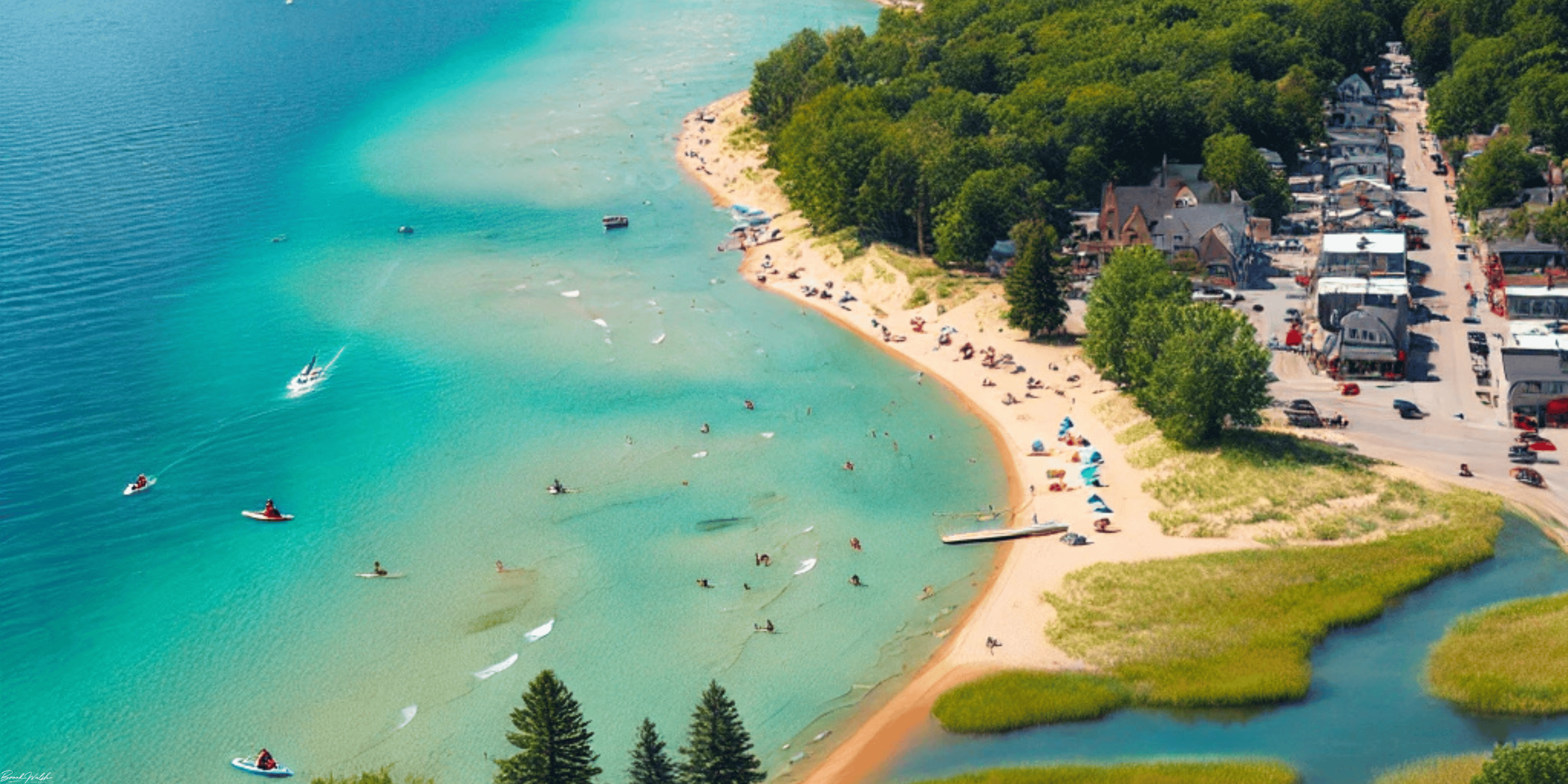 Aerial view of Michigan's Torch Lake with turquoise water and boats near sandbars